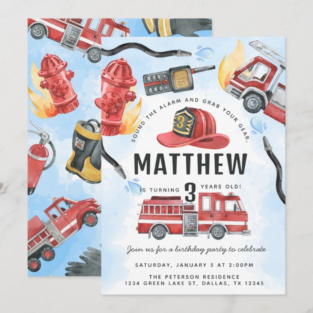 Red Fire Engine Truck Birthday Party Invitation (Front/Back)
