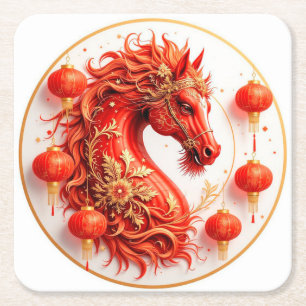Red Fire Horse – 2026 New Year Celebration Design Square Paper Coaster