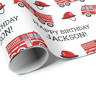 Red Fire Truck and Hat Personalised Birthday Wrapping Paper