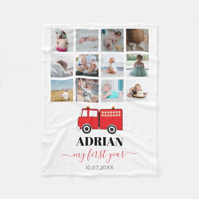 Red Fire Truck Baby First Year Photo Collage Fleece Blanket (Front)