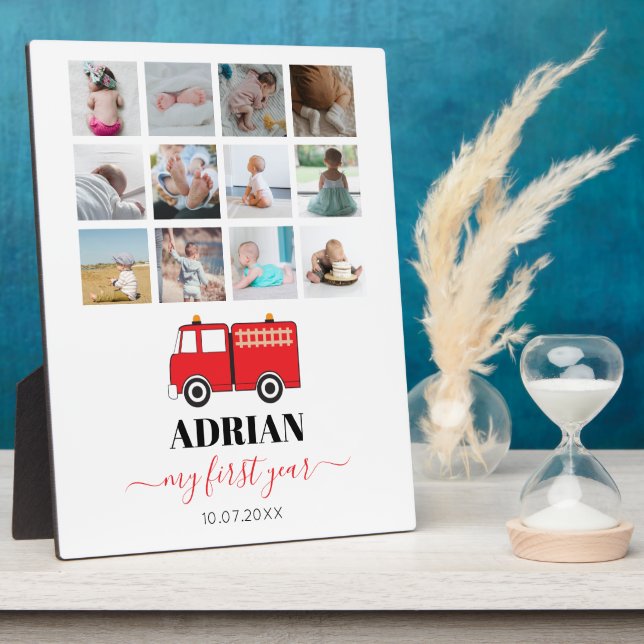Red Fire Truck Baby First Year Photo Collage Plaque (Side)
