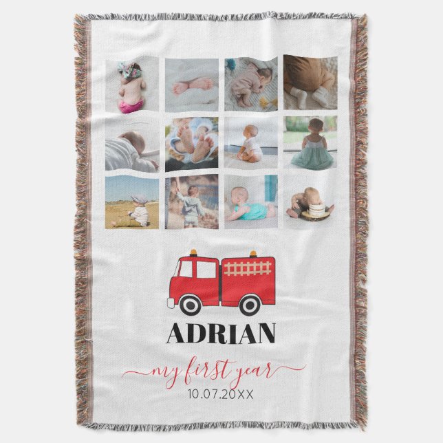 Red Fire Truck Baby First Year Photo Collage  Throw Blanket (Front Vertical)