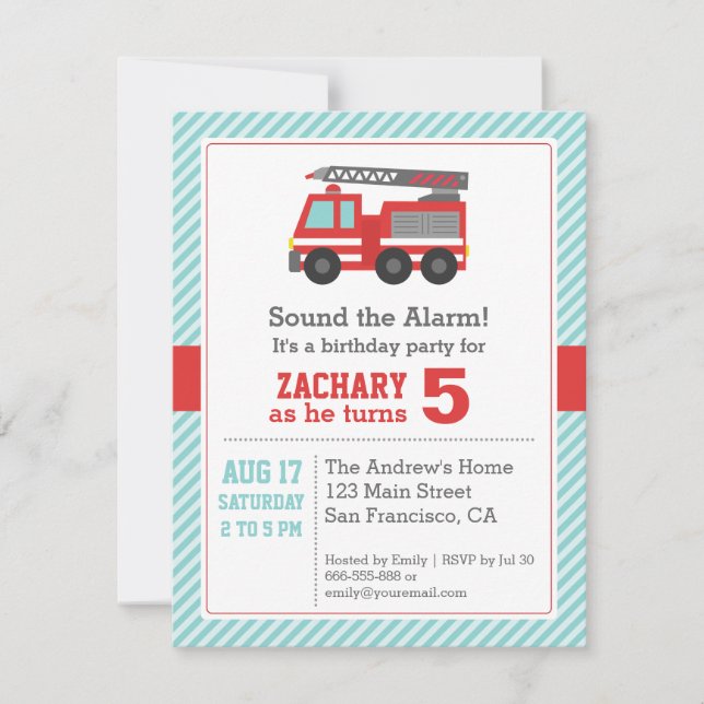 Red Fire Truck Birthday Party Invitation (Front)
