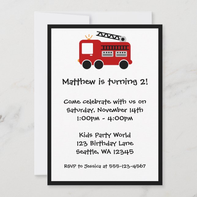 Red Fire Truck Birthday Party Invitation (Front)