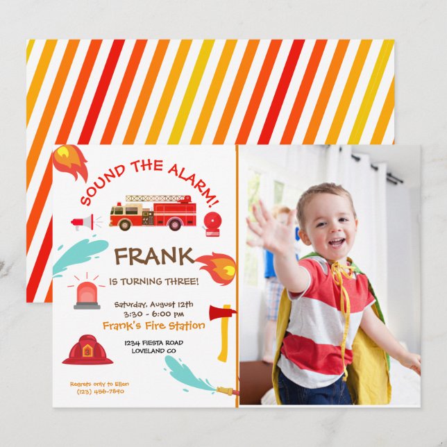 Red Fire Truck Birthday Party Photo  Invitation (Front/Back)