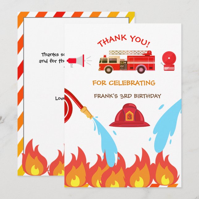 Red Fire Truck Birthday Party Thank you Card (Front/Back)