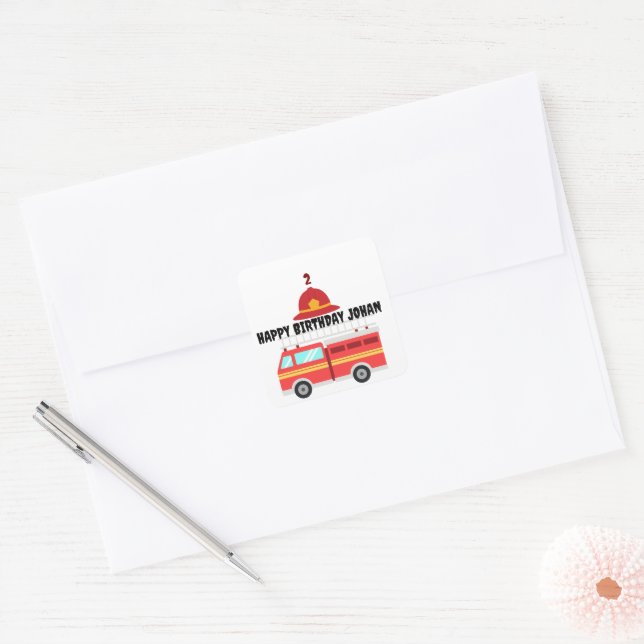 Red  Fire Truck  Birthday Square Sticker (Envelope)