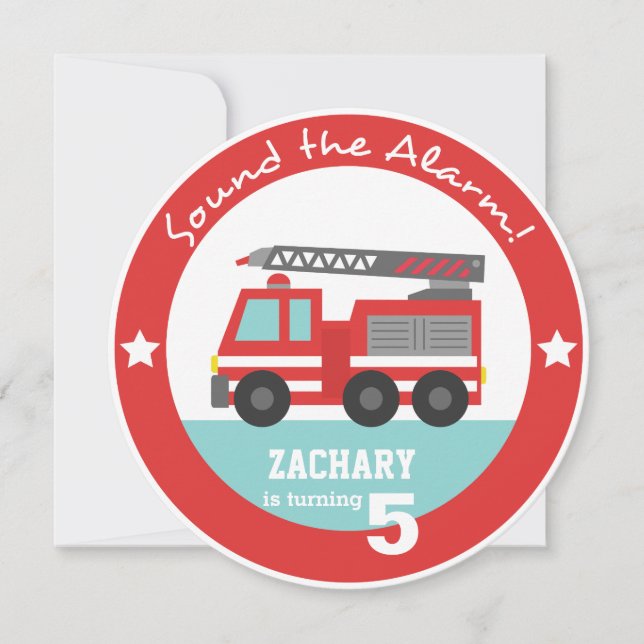 Red Fire Truck Boy Birthday Party, Circle Invitation (Front)
