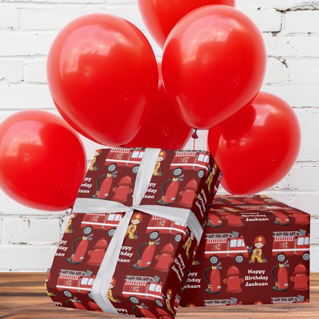 Red Fire Truck Custom Kids Firefighting Birthday Wrapping Paper (Creator Uploaded)