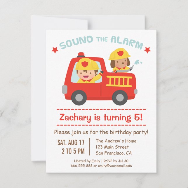 Red Fire Truck, Cute Dog and Boy Birthday Party Invitation (Front)