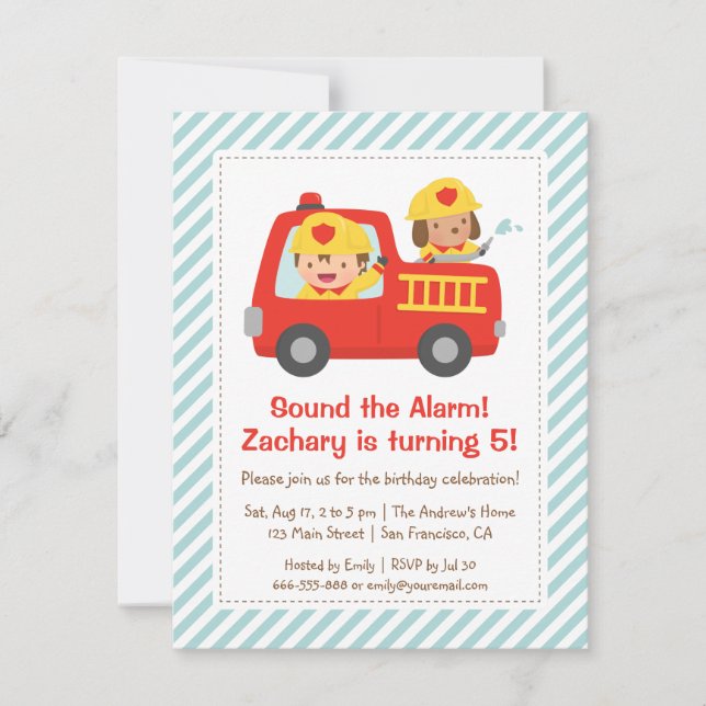 Red Fire Truck Fighter Boy and Dog Birthday Party Invitation (Front)