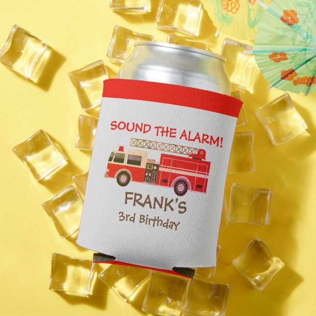 Red Fire Truck Firefighter Birthday Party Can Cooler (In Situ Summer)