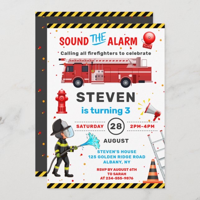 Red Fire Truck Firefighter Birthday Party Invitation (Front/Back)