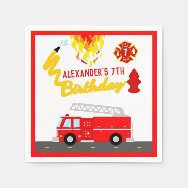 Red Fire Truck Firefighter Birthday Party Napkin (Front)