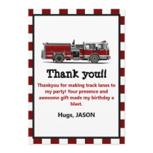 Red Fire Truck Fireman Boys Birthday Thank You Car