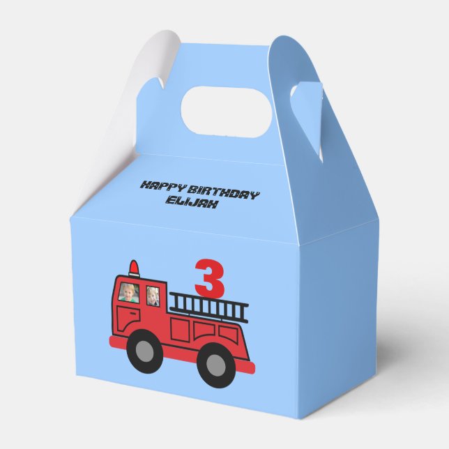 Red Fire Truck Kid's Birthday Photo Custom Favour Box (Front Side)
