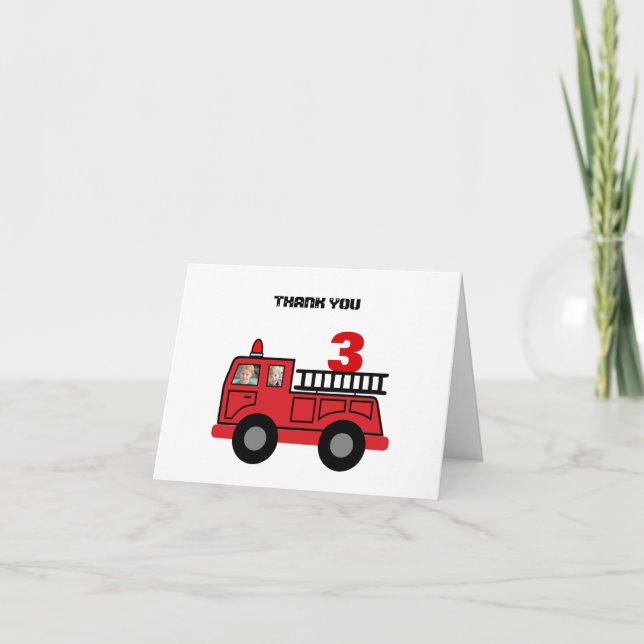 Red Fire Truck Kid's Birthday Photo Custom Thank You Card (Front)
