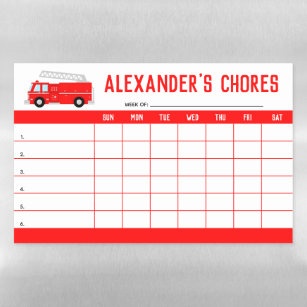 Red Fire Truck Kids Chore Chart Magnetic Dry Erase Sheet