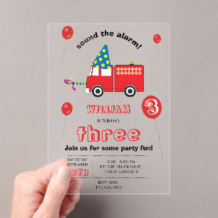 Red Fire Truck Kids Firefighter Birthday Party Acrylic Invitations