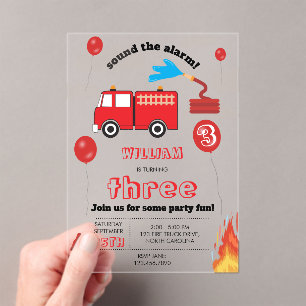 Red Fire Truck Kids Firefighter Birthday Party Acrylic Invitations
