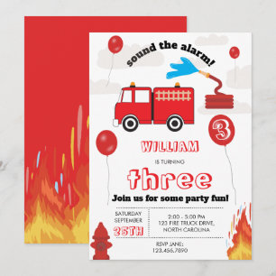 Red Fire Truck Kids Firefighter Birthday Party Invitation