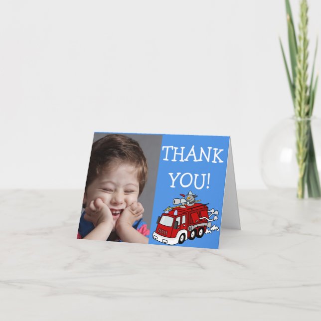 Red Fire Truck on Blue Thank You Note with Photo (Front)