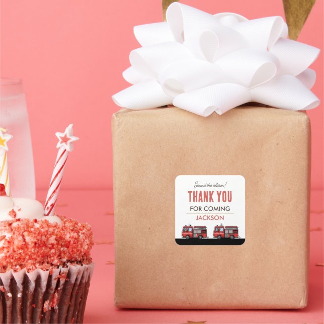 Red Fire Truck Party Décor | Custom Kids Birthday Square Sticker (Party)