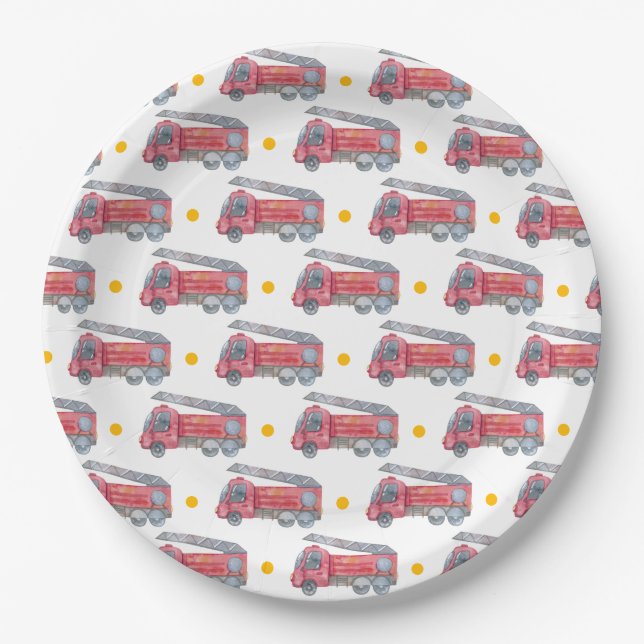 Red Fire truck Party Paper Plate (Front)