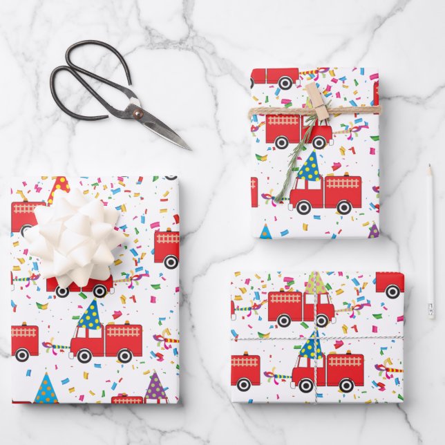 Red Fire Truck Party Pattern Wrapping Paper Sheet (Front)