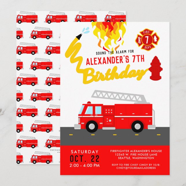 Red Fire Truck Party Theme Firefighter Birthday Invitation (Front/Back)
