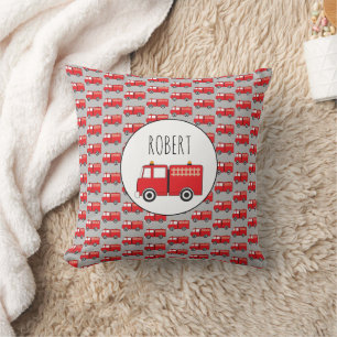 Red Fire Truck Pattern Customised Boys Name Cushion
