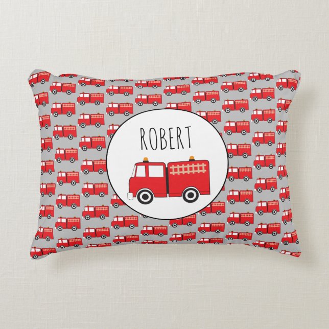 Red Fire Truck Pattern Customised Boys Name Decorative Cushion (Front)