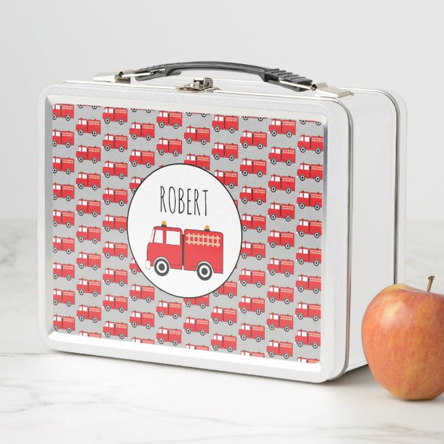 Red Fire Truck Pattern Customised Boys Name  Metal Lunch Box (In Situ)