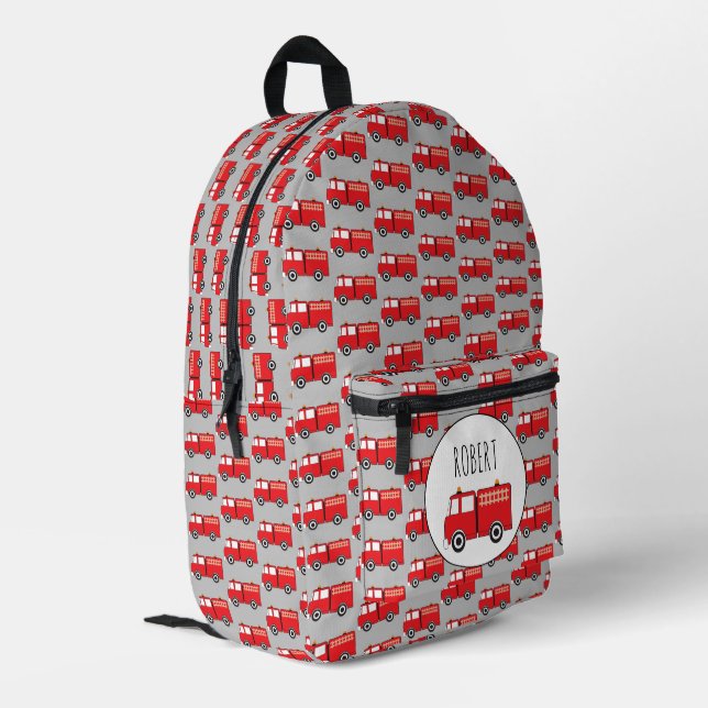 Red Fire Truck Pattern Customised Boys Name Printed Backpack (Back Corner Left)