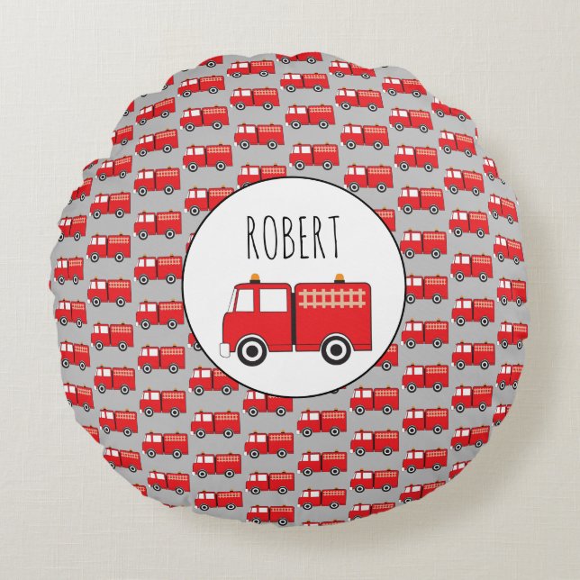 Red Fire Truck Pattern Customised Boys Name Round Cushion (Front)