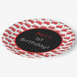Red Fire Truck Pattern Kids Birthday Paper Plate