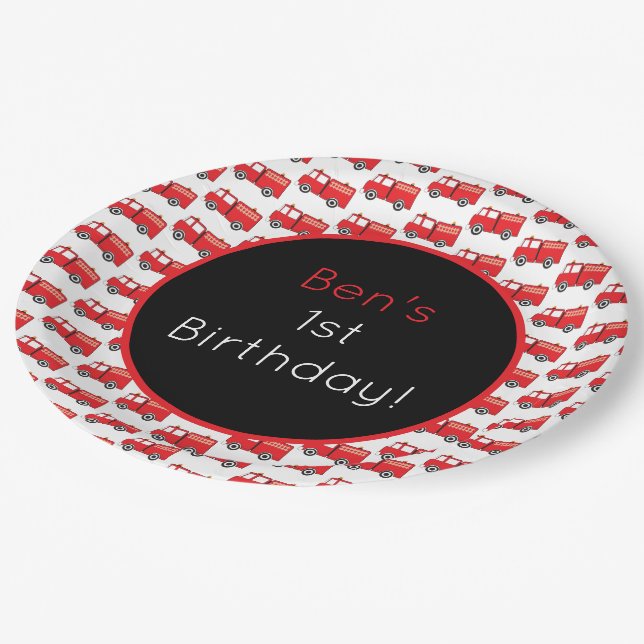 Red Fire Truck Pattern Kids Birthday Paper Plate (Angled)
