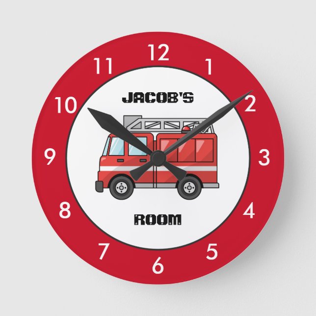 Red Fire Truck Personalised Round Clock (Front)