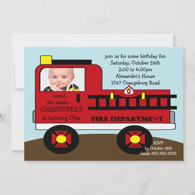 Red Fire Truck Photo Birthday Party Invitation (Front)