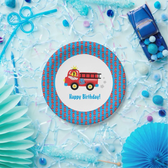 Red Fire Truck Smiling Fireman Paper Plate (Party)