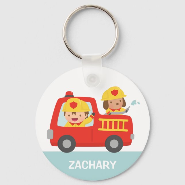 Red Fire Truck with Fire fighter Boy and Puppy Key Ring (Front)