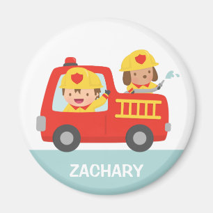 Red Fire Truck with Fire fighter Boy and Puppy Magnet