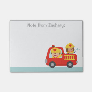 Red Fire Truck with Fire fighter Boy and Puppy Post-it Notes