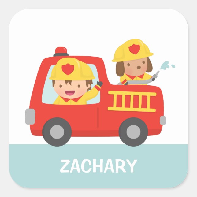 Red Fire Truck with Fire fighter Boy and Puppy Square Sticker (Front)