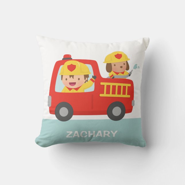 Red Fire Truck with Fire fighter Boys Room Decor Cushion (Front)
