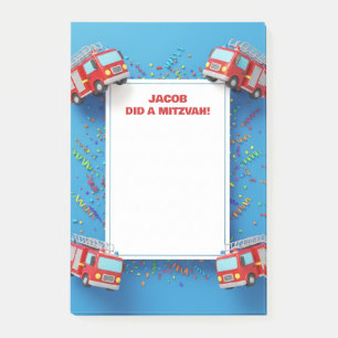 Red Fire Trucks Personalised Mitzvah  Post-it Notes