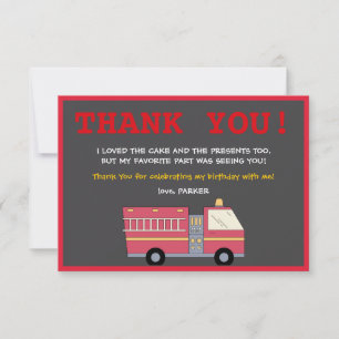 Red Firefighter Alarm Firetruck Birthday Supplies Thank You Card