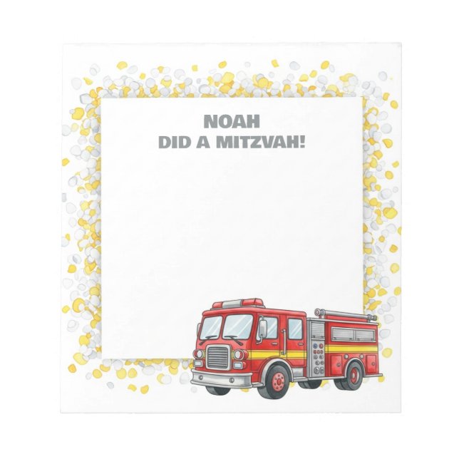 Red FirefIghter Fire Truck Personalised Mitzvah  Notepad (Front)