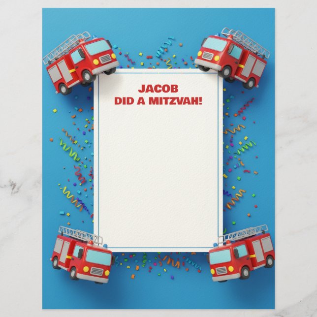 Red Firefighter Firetruck Customised Mitzvah Note Custom Letterhead (Front)