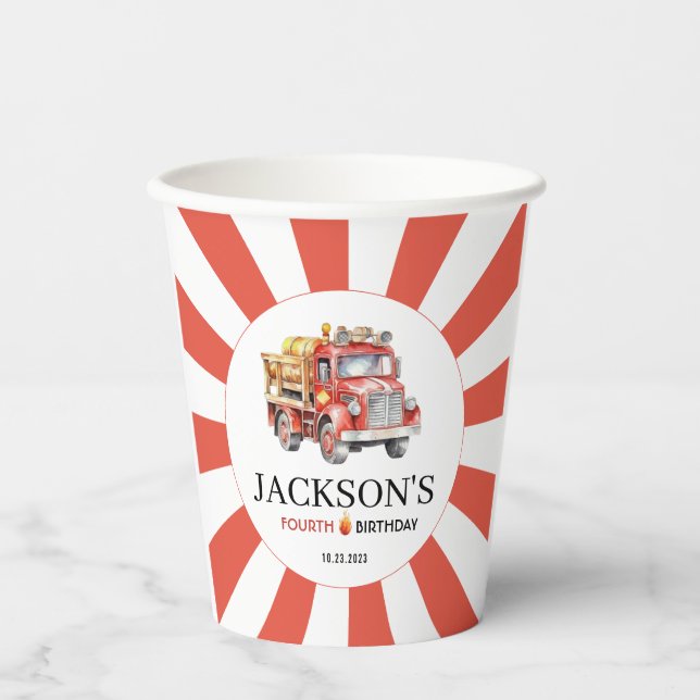Red firetruck boy birthday party paper cups (Front)